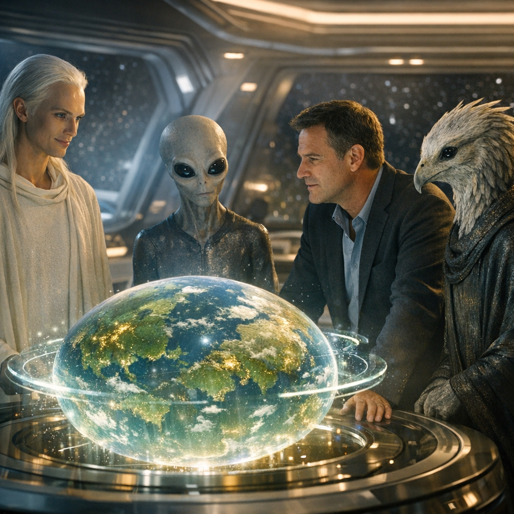 Seres extraterrestres benevolentes e um representante humano conversam em uma nave luminosa diante de um mapa de Shan.