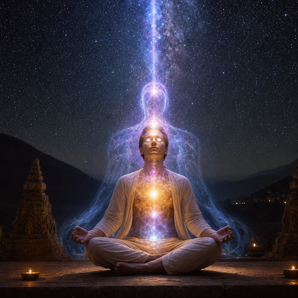 Uma pessoa meditando com aura cósmica visível, núcleo estelar brilhando e conexão luminosa com o céu estrelado.