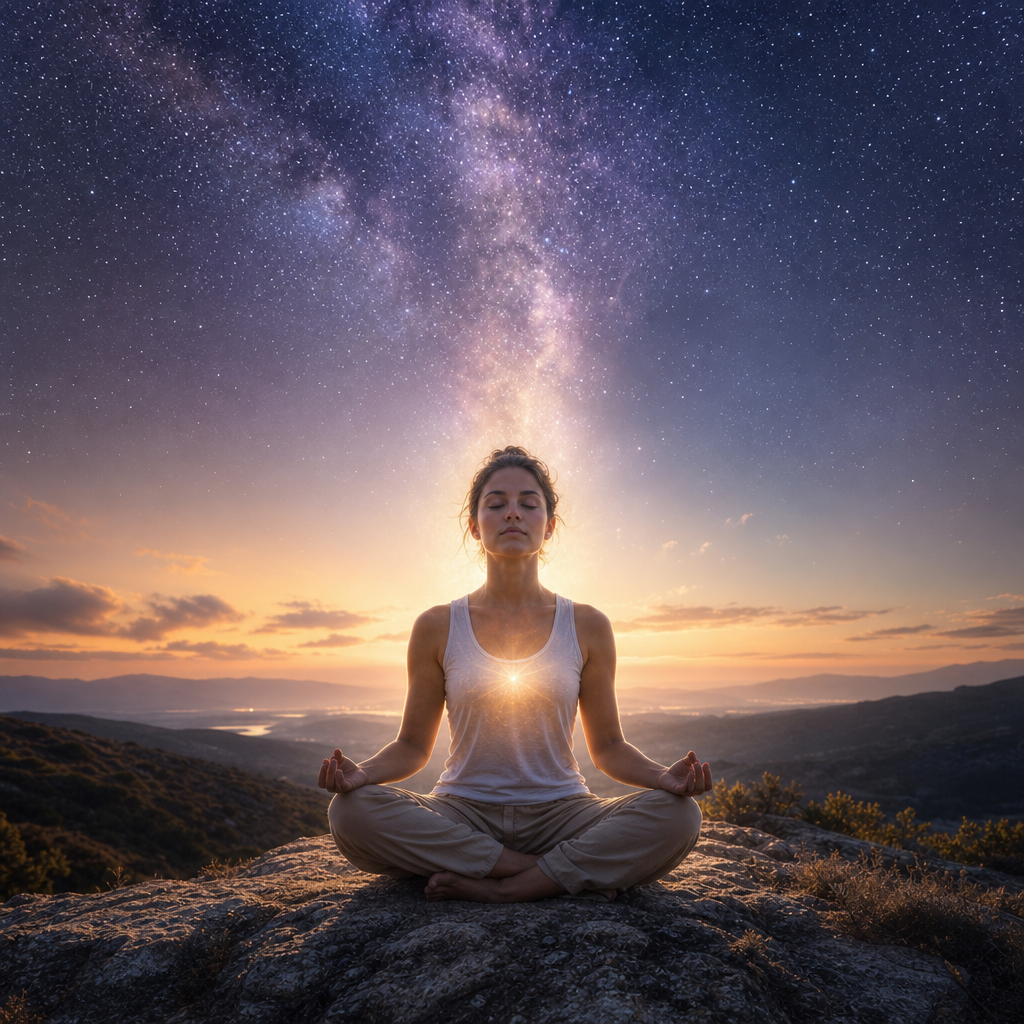 Uma pessoa meditando em silêncio, envolta por uma luz suave, conectada visualmente a um céu cósmico brilhante.