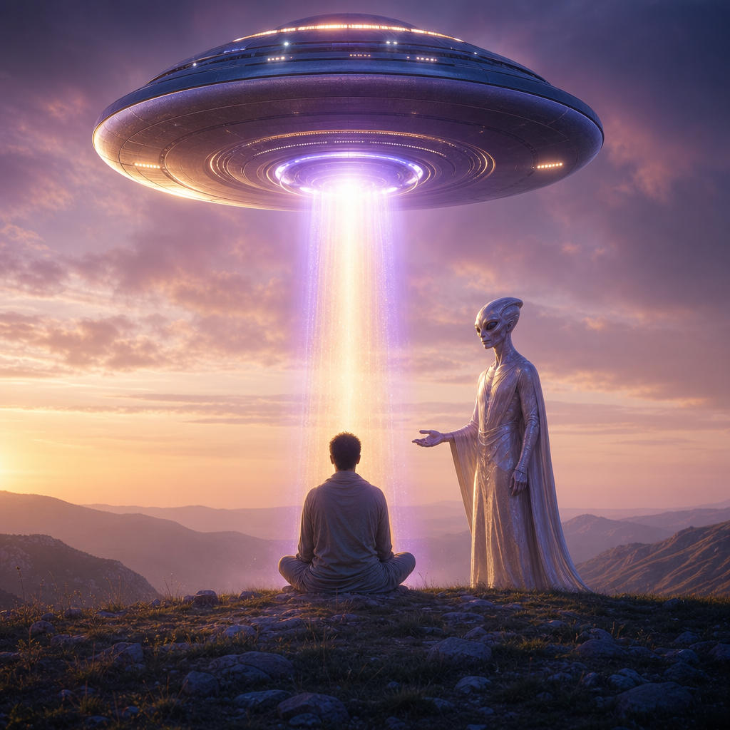 Um disco voador luminoso paira sobre uma paisagem tranquila enquanto um ser extraterrestre benevolente interage pacificamente com uma pessoa em meditação, sob uma luz violeta e dourada.