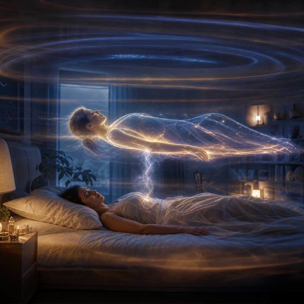 Corpo físico dormindo enquanto o corpo espiritual luminoso permanece próximo, com camadas sutis de vibração ao redor.