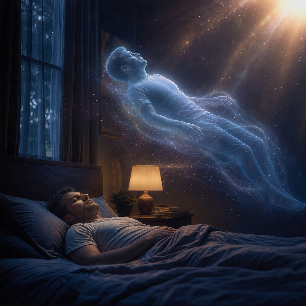 Pessoa dormindo enquanto o corpo espiritual se desprende suavemente para recarregar energia cósmica.