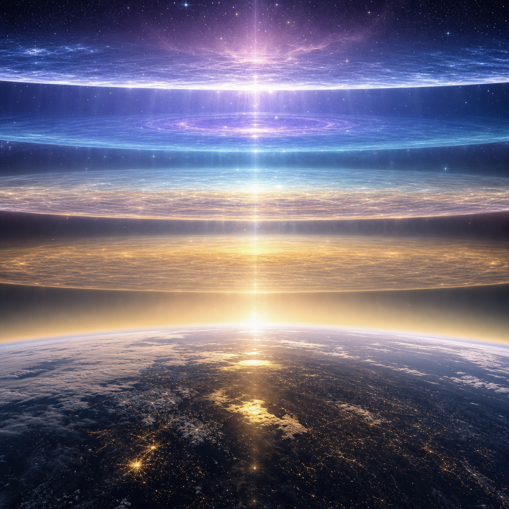 Uma paisagem cósmica com camadas luminosas sobrepostas representando diferentes dimensões espirituais acima da Terra.