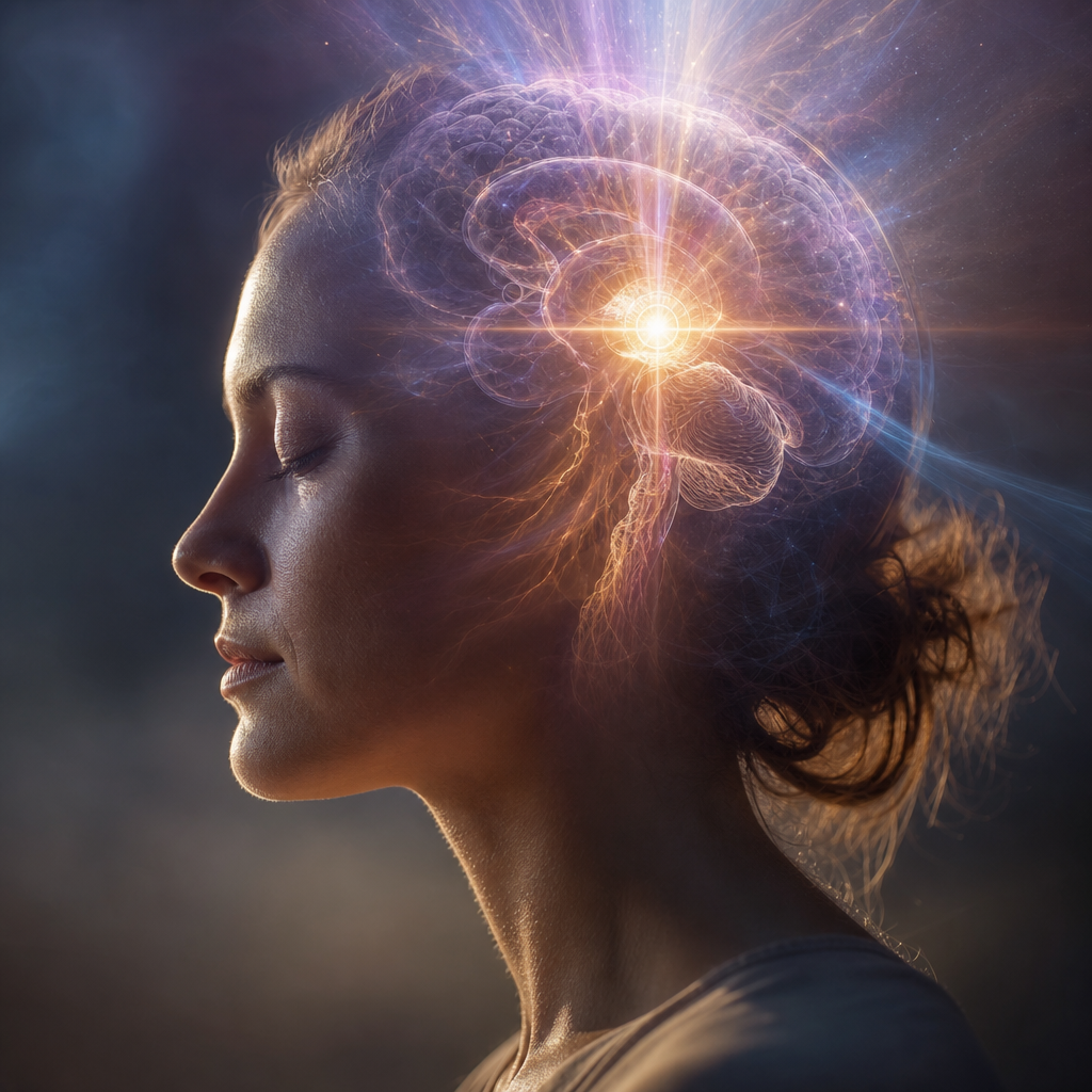 Pessoa em close-up com a região da glândula pineal simbolicamente iluminada por energia espiritual suave e luminosa