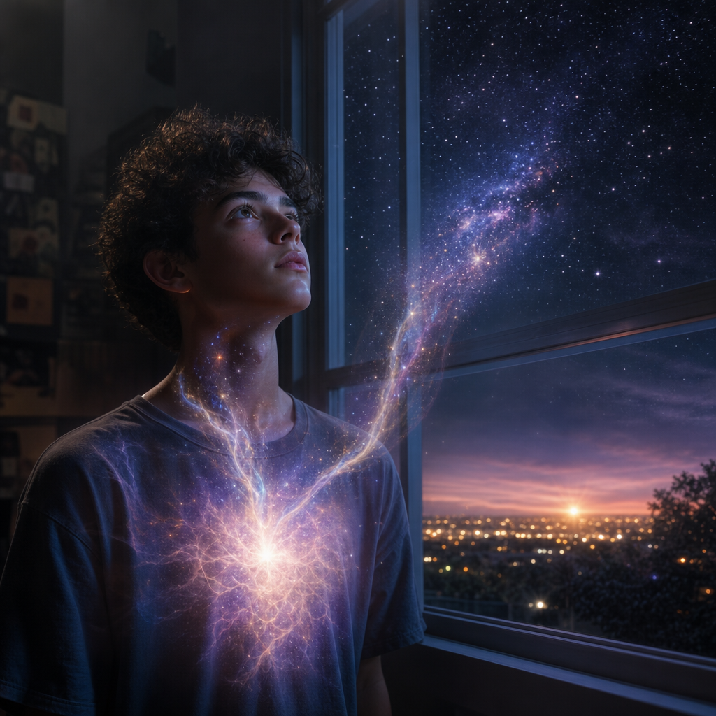 Adolescente em um momento pessoal com aura cósmica visível e conexão luminosa com o céu estrelado.
