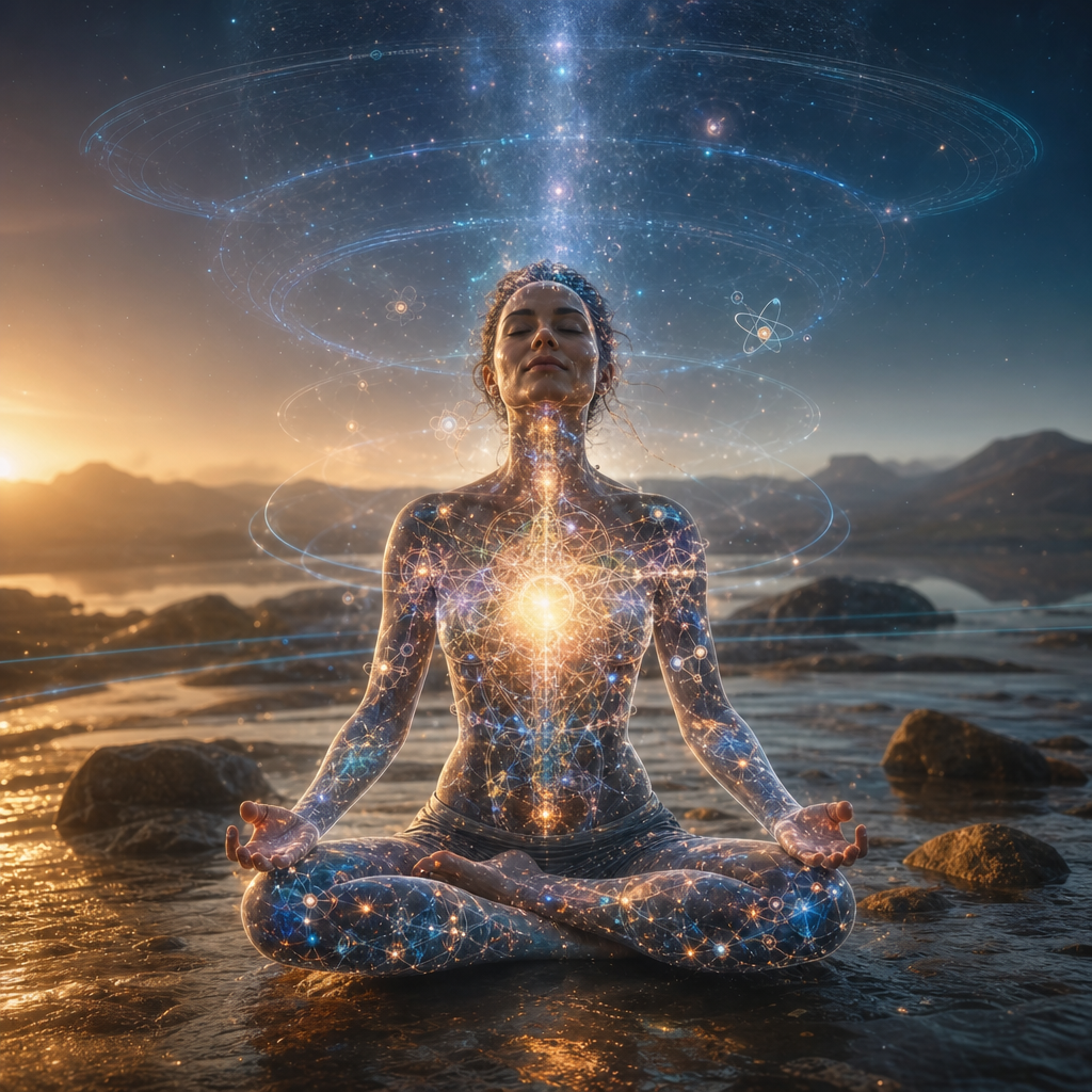 Uma pessoa em meditação com o corpo mostrando átomos brilhando e faixas de frequência luminosas ao redor, simbolizando que as dimensões são faixas de vibração.