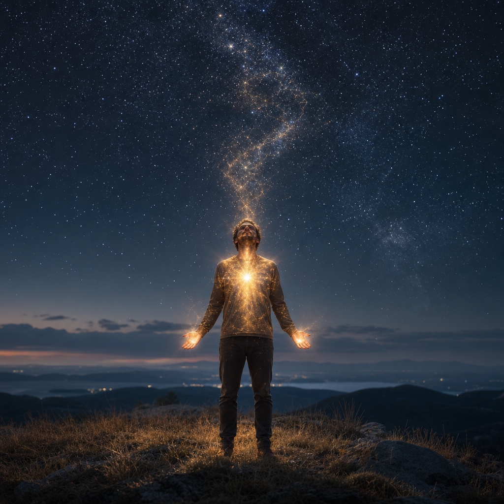 Uma pessoa em pé sob o céu estrelado com aura cósmica visível, olhos refletindo estrelas e uma conexão luminosa com o cosmos.