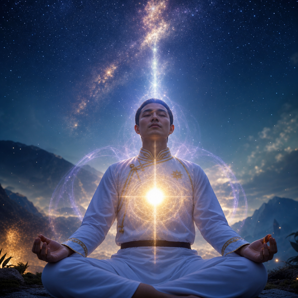 Uma pessoa meditando com aura cósmica visível, núcleo luminoso estelar no corpo e conexão de luz com o céu estrelado.
