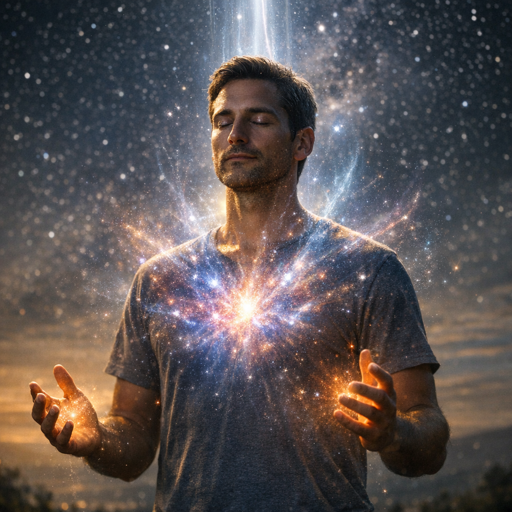 Uma pessoa em pé com aura cósmica visível e luz estelar brilhando ao redor do corpo, representando o despertar espiritual.