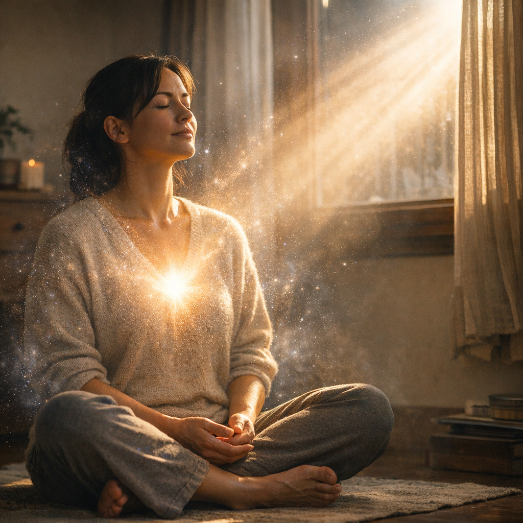 Uma pessoa em momento de reflexão silenciosa, envolta por luz suave e aura cósmica, simbolizando o chamado do despertar após uma crise.