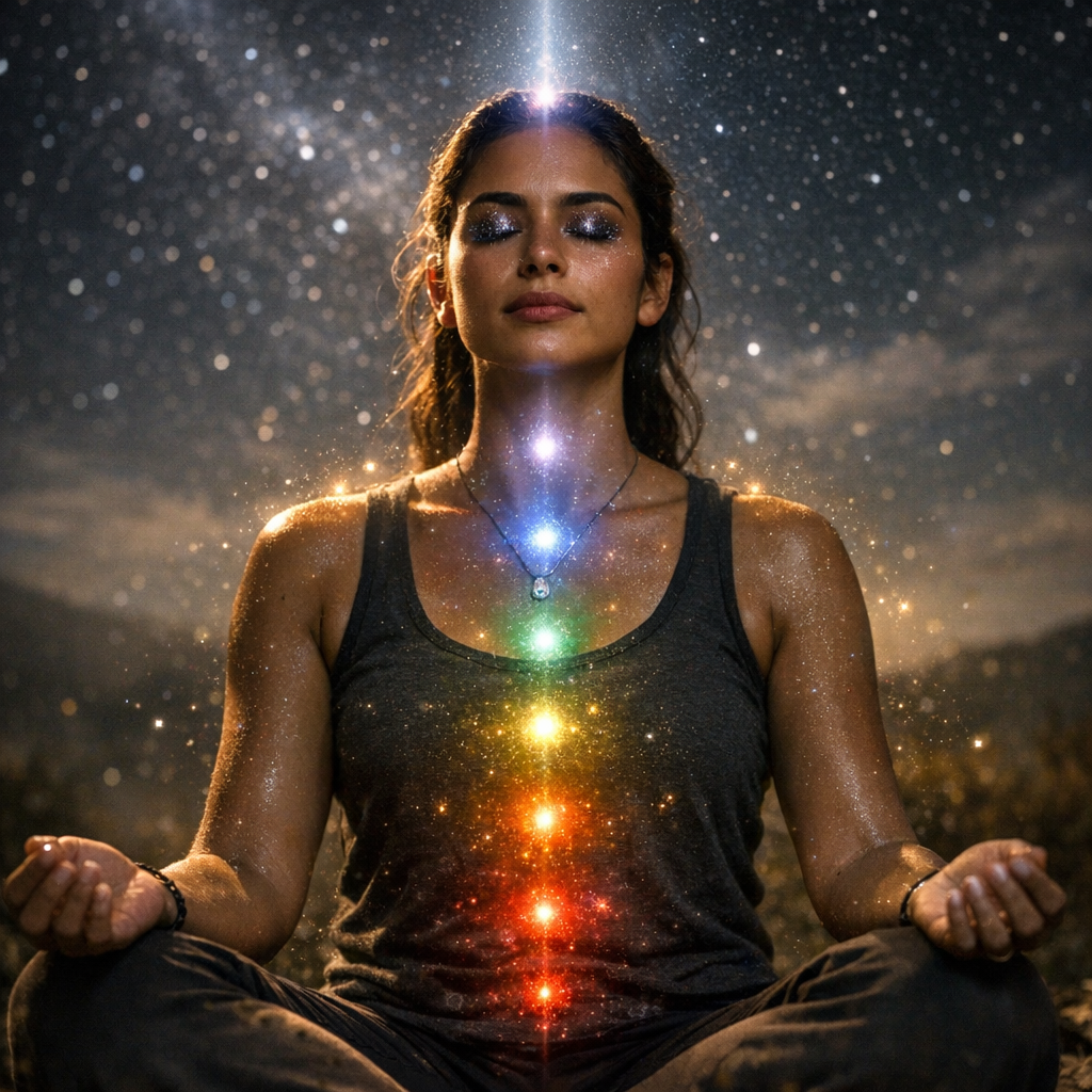 Uma pessoa meditand o com chakras iluminados e reflexos de estrelas nos olhos, mostrando sinais de despertar espiritual.