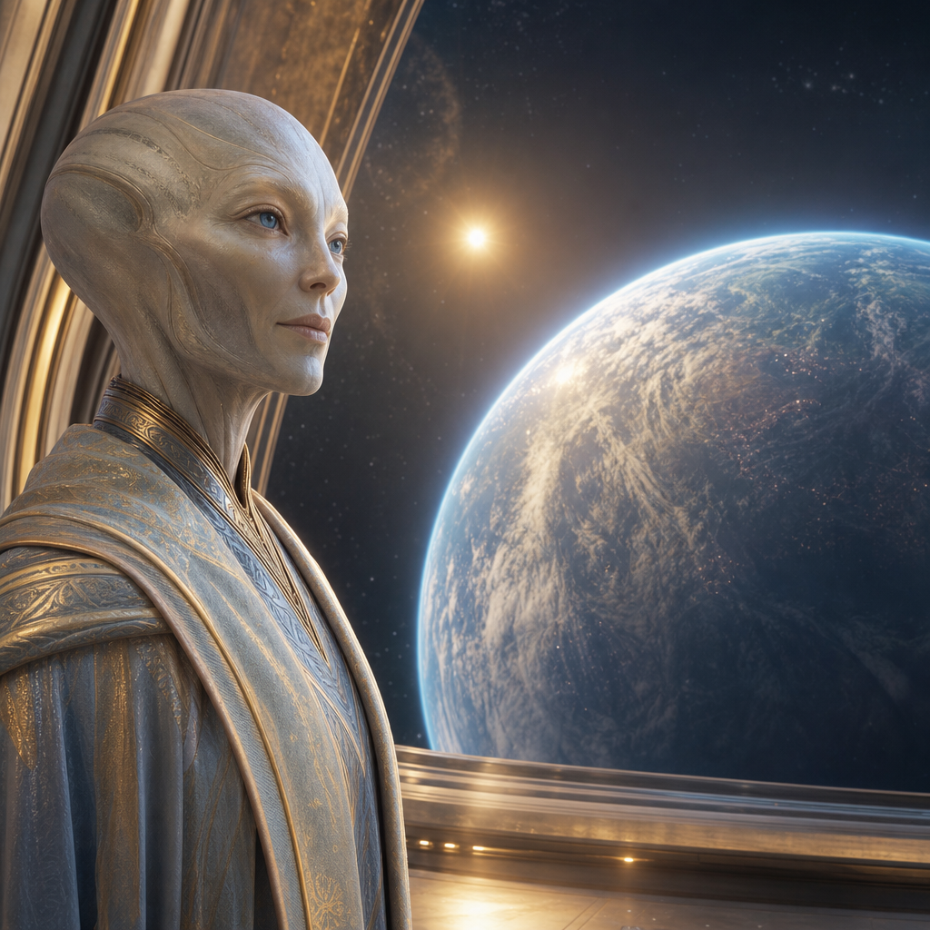 Ser benevolente e luminoso observando o planeta Shan em um cenário cósmico sereno, representando sua função de acompanhar e guardar essa civilização.