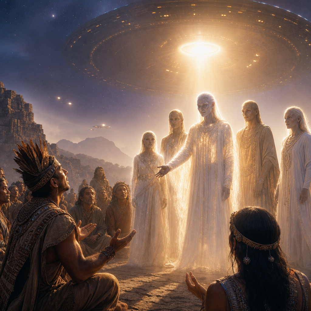Seres extraterrestres benevolentes e luminosos aparecem em um cenário sagrado, representando os diversos nomes e aparições citados na seção.
