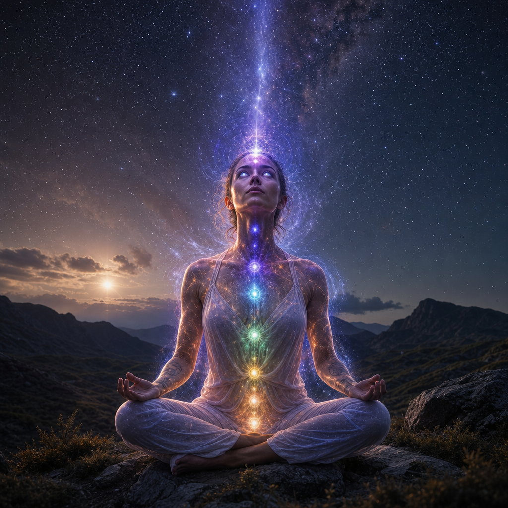 Pessoa meditando com aura cósmica visível, chakras luminosos e conexão de luz com o céu estrelado.