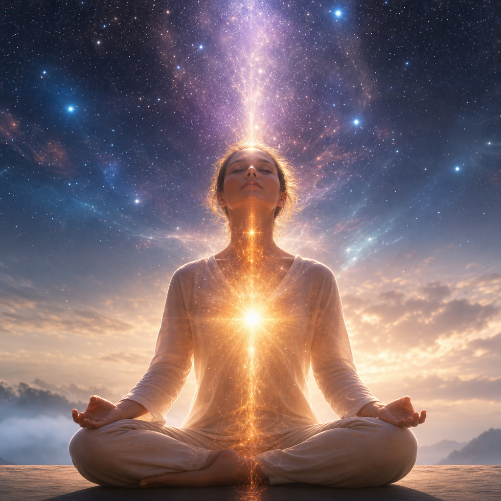 Pessoa meditando com uma aura cósmica visível, núcleo luminoso estelar e conexão de luz com o céu estrelado.
