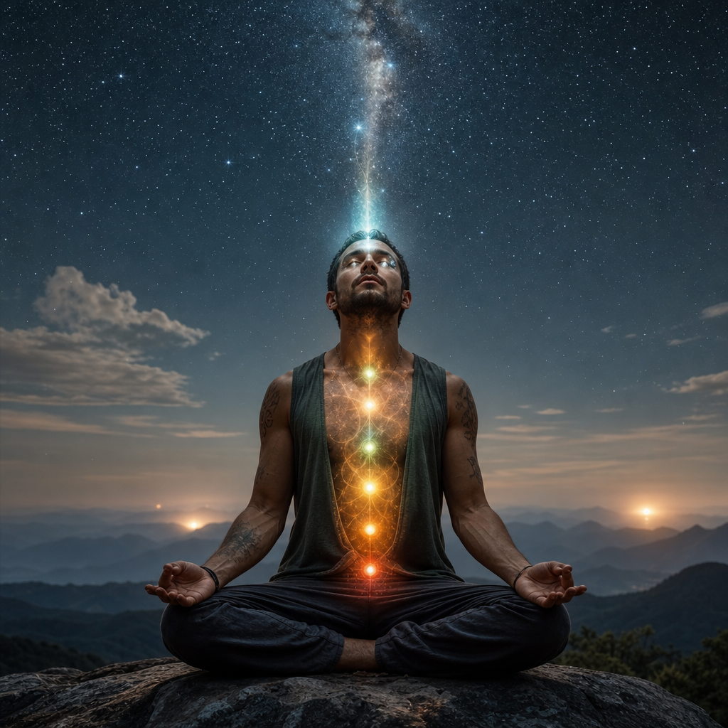Pessoa em meditação com aura cósmica visível, olhos refletindo estrelas, chakras iluminados e uma conexão luminosa com o céu estrelado, simbolizando discernimento espiritual.
