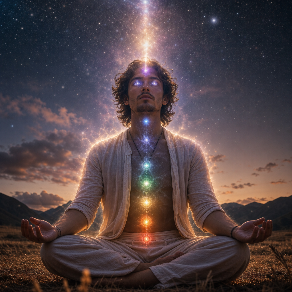 Uma pessoa meditando com aura cósmica visível, olhos refletindo estrelas e uma conexão luminosa com o céu, representando habilidades parapsíquicas e o sexto sentido.