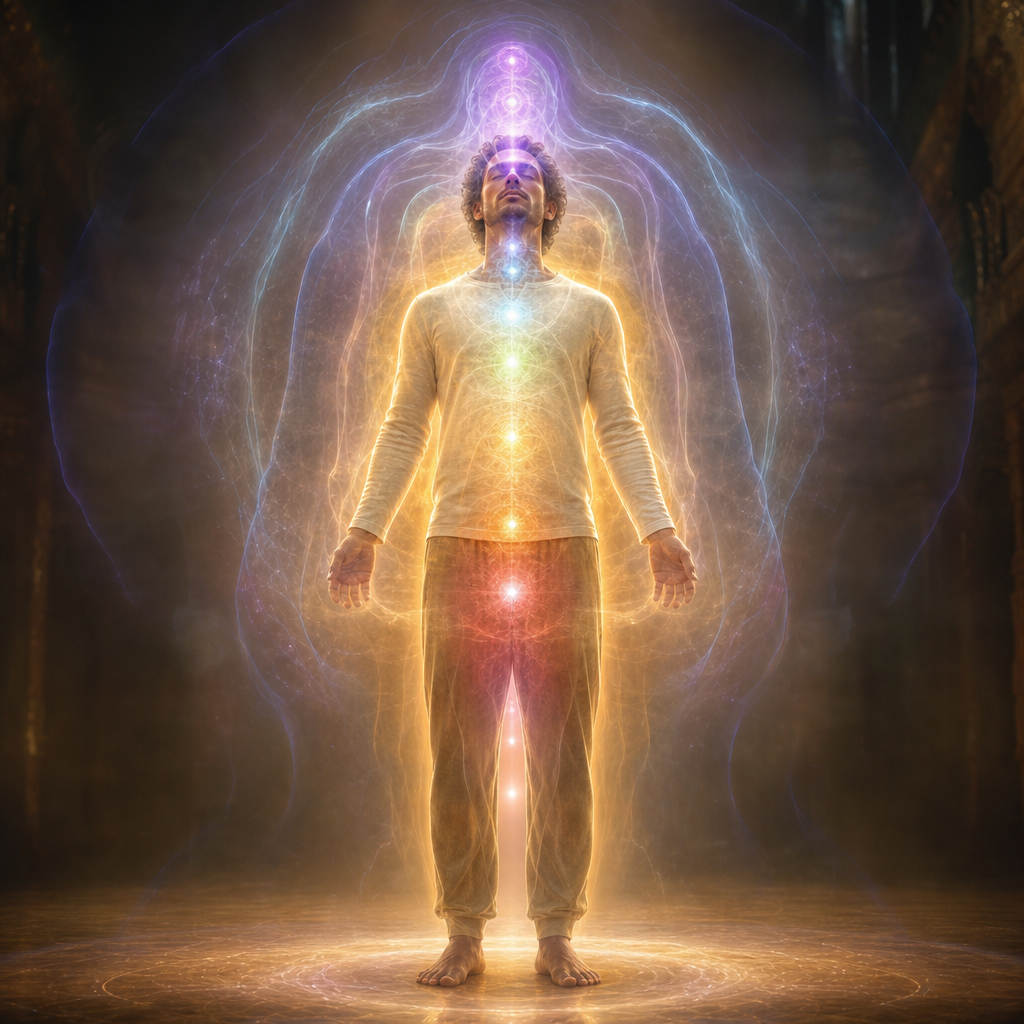 Uma pessoa em pé com camadas luminosas visíveis ao redor do corpo, representando os diferentes corpos energéticos e mentais das habilidades parapsíquicas.