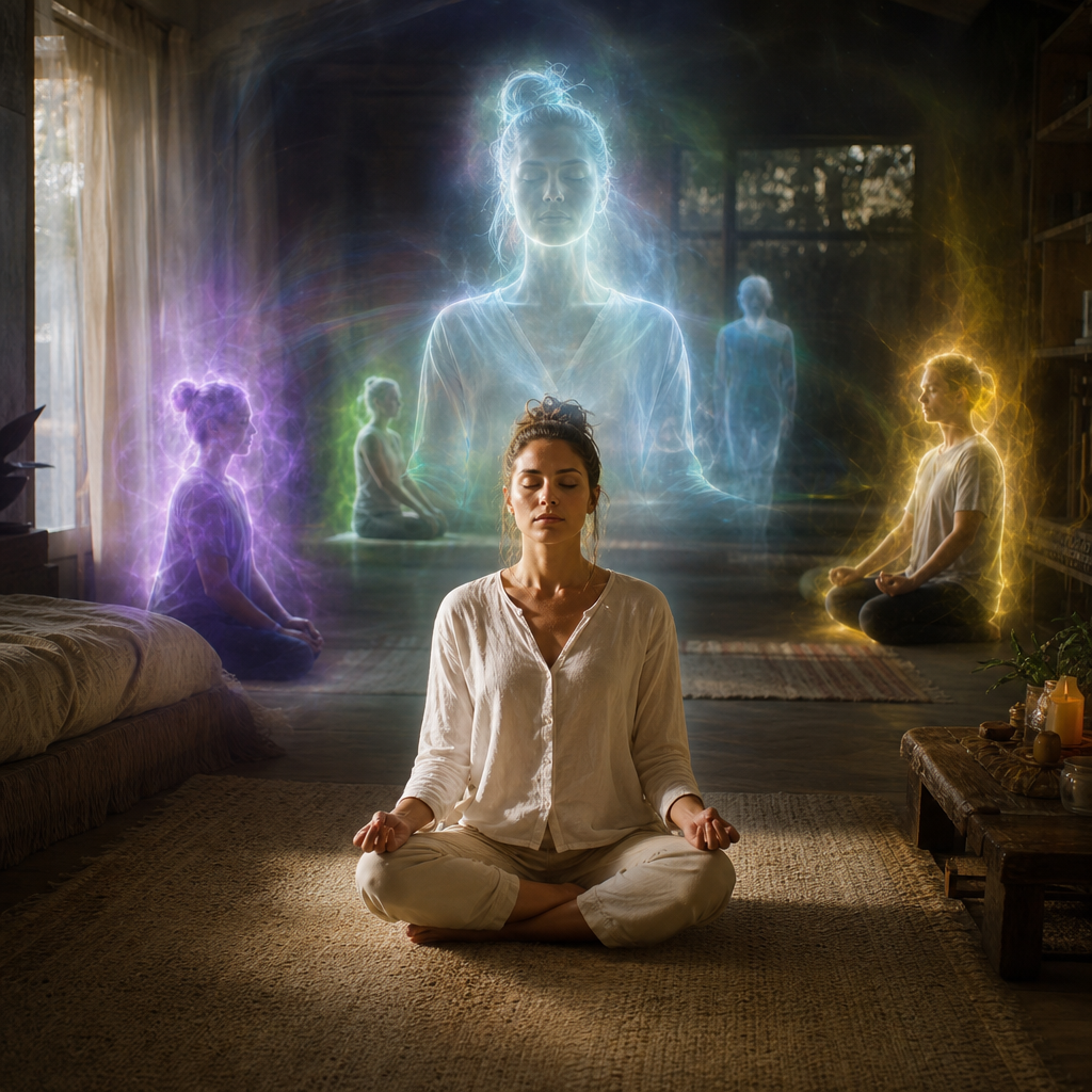 Uma pessoa meditando enquanto percebe auras, consciências extrafísicas e a própria forma etérea, representando clarividência.