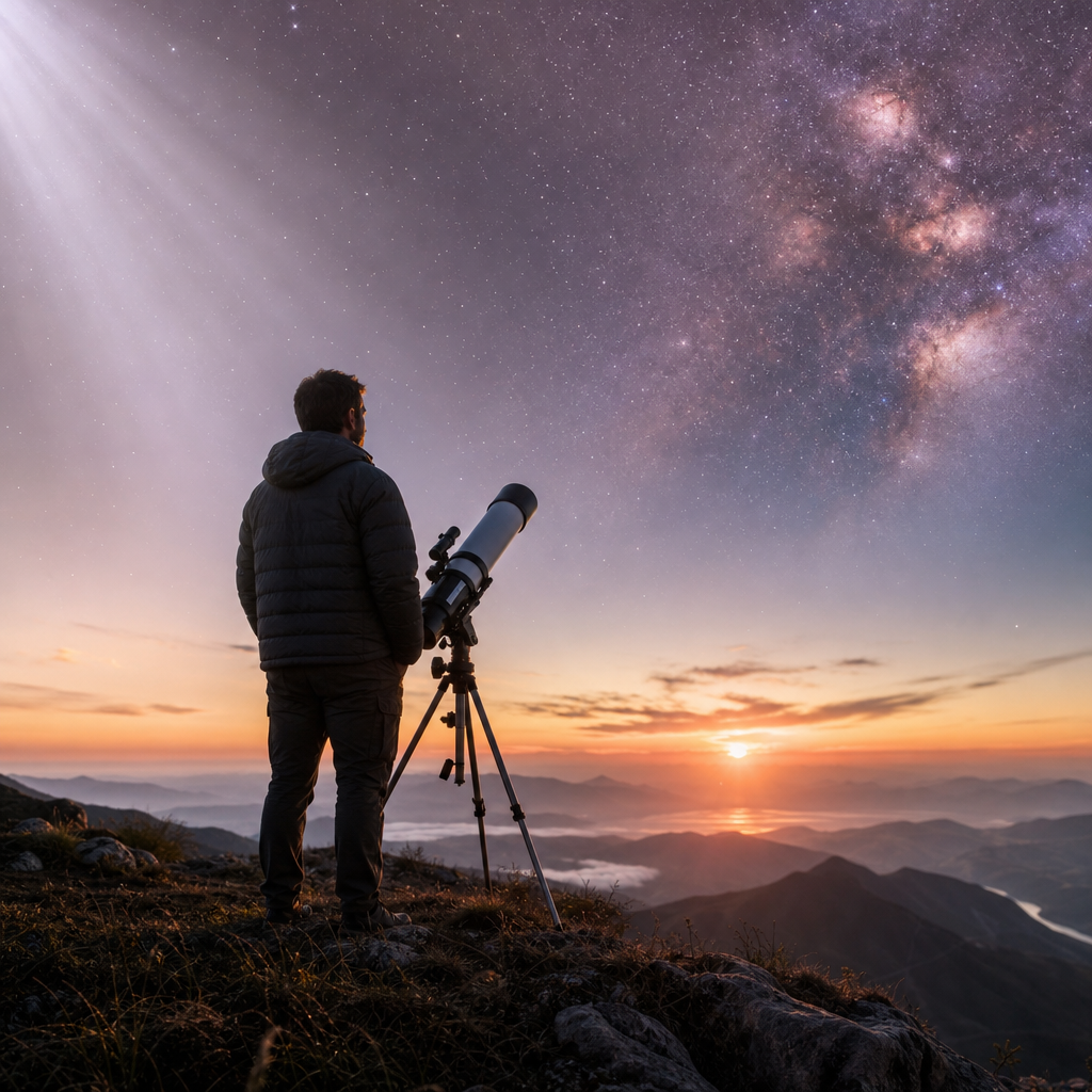 Uma pessoa em um morro ao amanhecer observa o céu com um instrumento científico e postura meditativa, representando despertar com ciência, consciência e esforço.