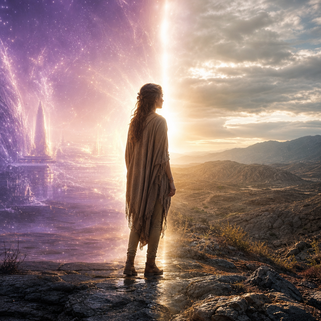 Uma pessoa serena em um ponto de transição entre um reino espiritual luminoso e um mundo material denso, simbolizando o equilíbrio entre espírito e matéria.