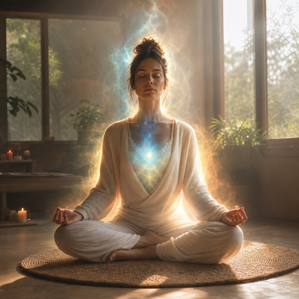 Uma pessoa meditando em silêncio, com aura suave e luminosa ao redor do corpo.