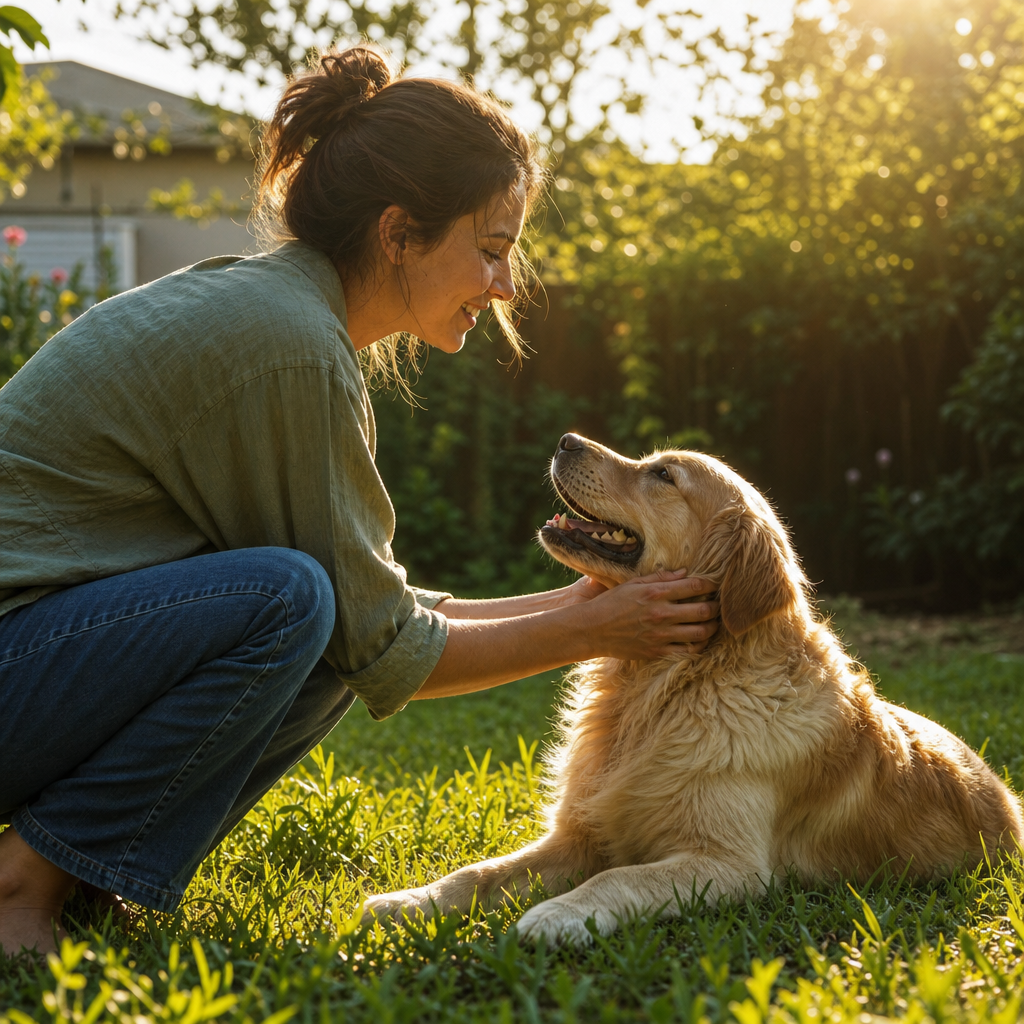 Uma pessoa brincando com seu cachorro em um jardim ensolarado, em um momento de carinho, confiança e amor incondicional.