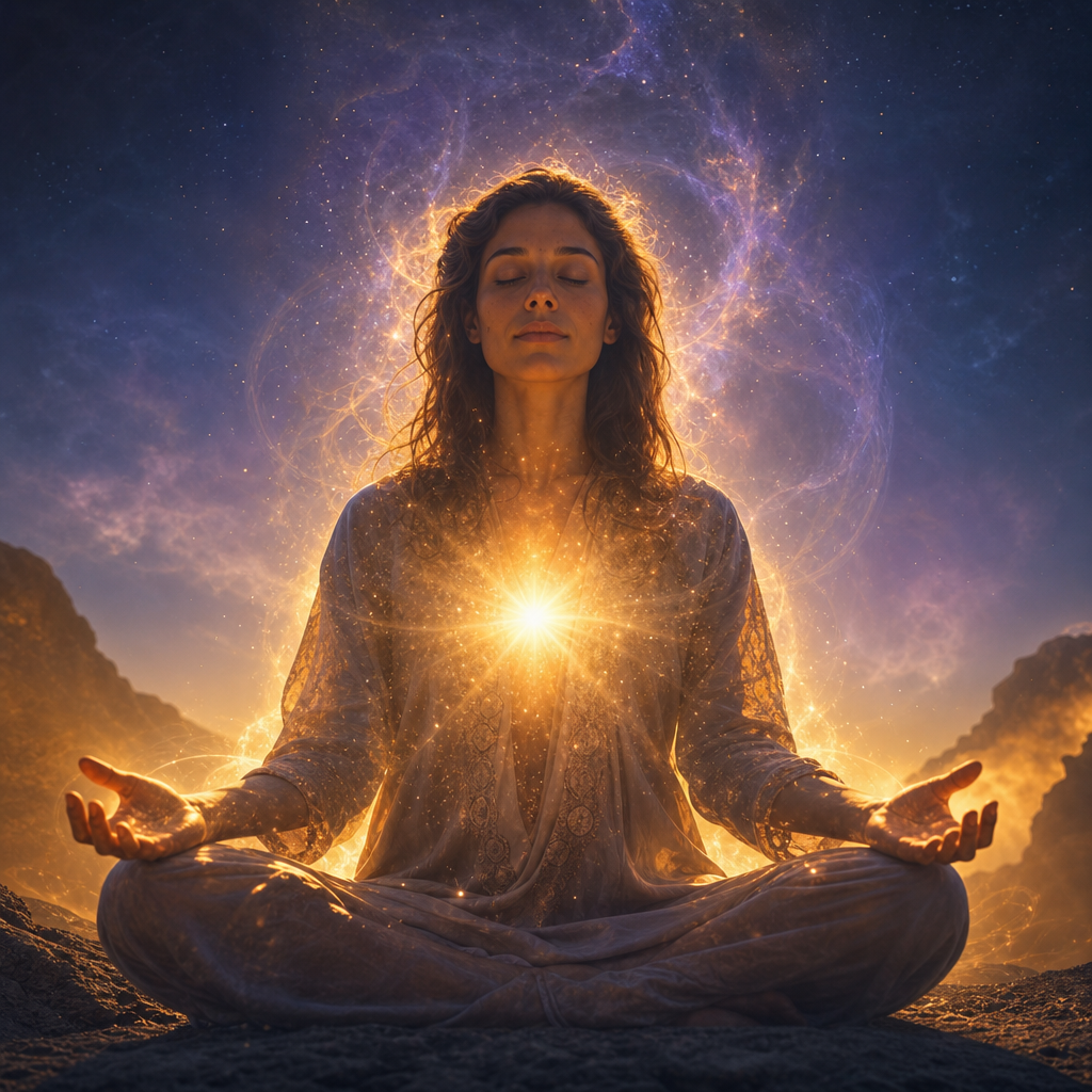 Pessoa em meditação serena, envolta por aura cósmica e luz dourada, representando perdão e gratidão.