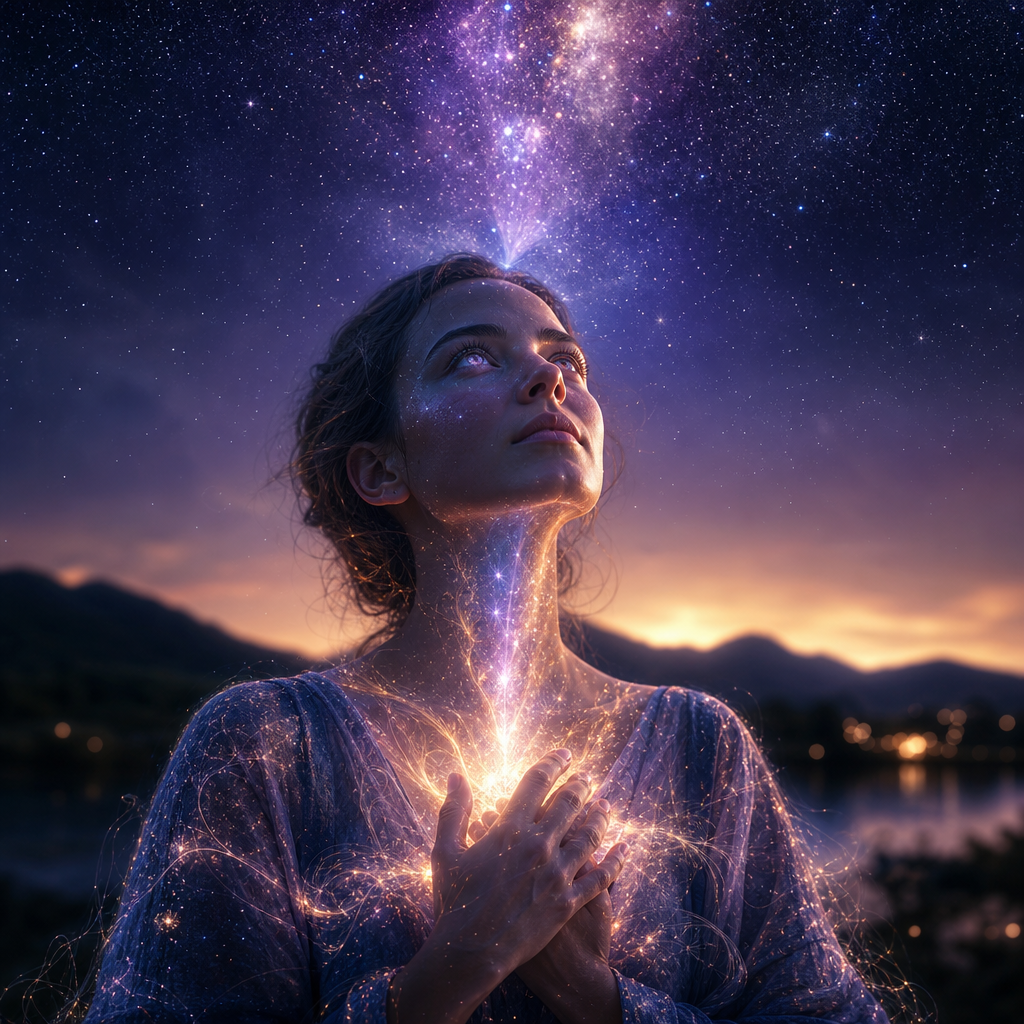 Uma pessoa em contemplação com aura cósmica visível, brilho estelar interno, olhos refletindo galáxias e uma conexão luminosa com o céu estrelado.