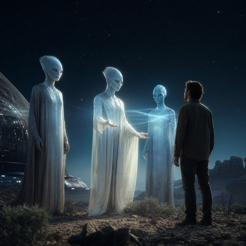 Seres extraterrestres benevolentes e luminosos convidam um humano com gestos acolhedores em um cenário noturno sereno.