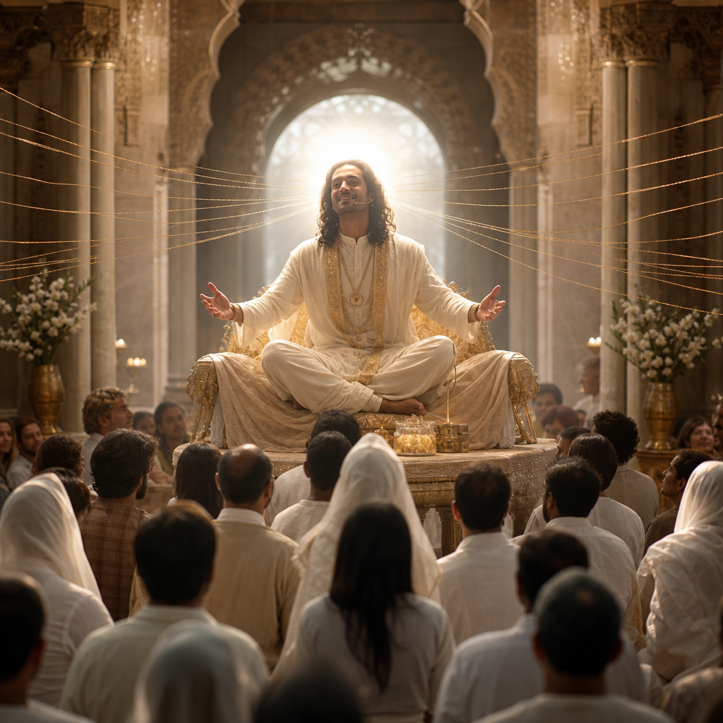 Uma multidão observa um líder espiritual iluminado de forma artificial, simbolizando manipulação e falsa autoridade religiosa.