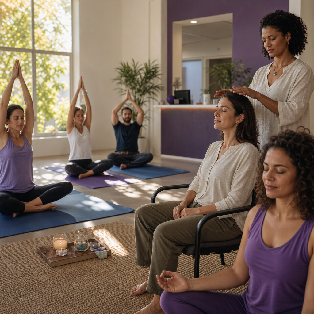 Sala de atendimento do SUS com pessoas praticando ioga, meditação e uma sessão de reiki em um ambiente acolhedor e tranquilo.