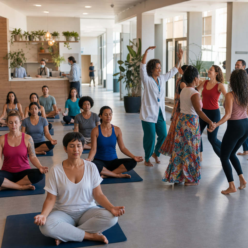 Uma unidade pública de saúde com pessoas participando de práticas integrativas como meditação, ioga e biodança, representando a ampliação desses serviços no SUS.