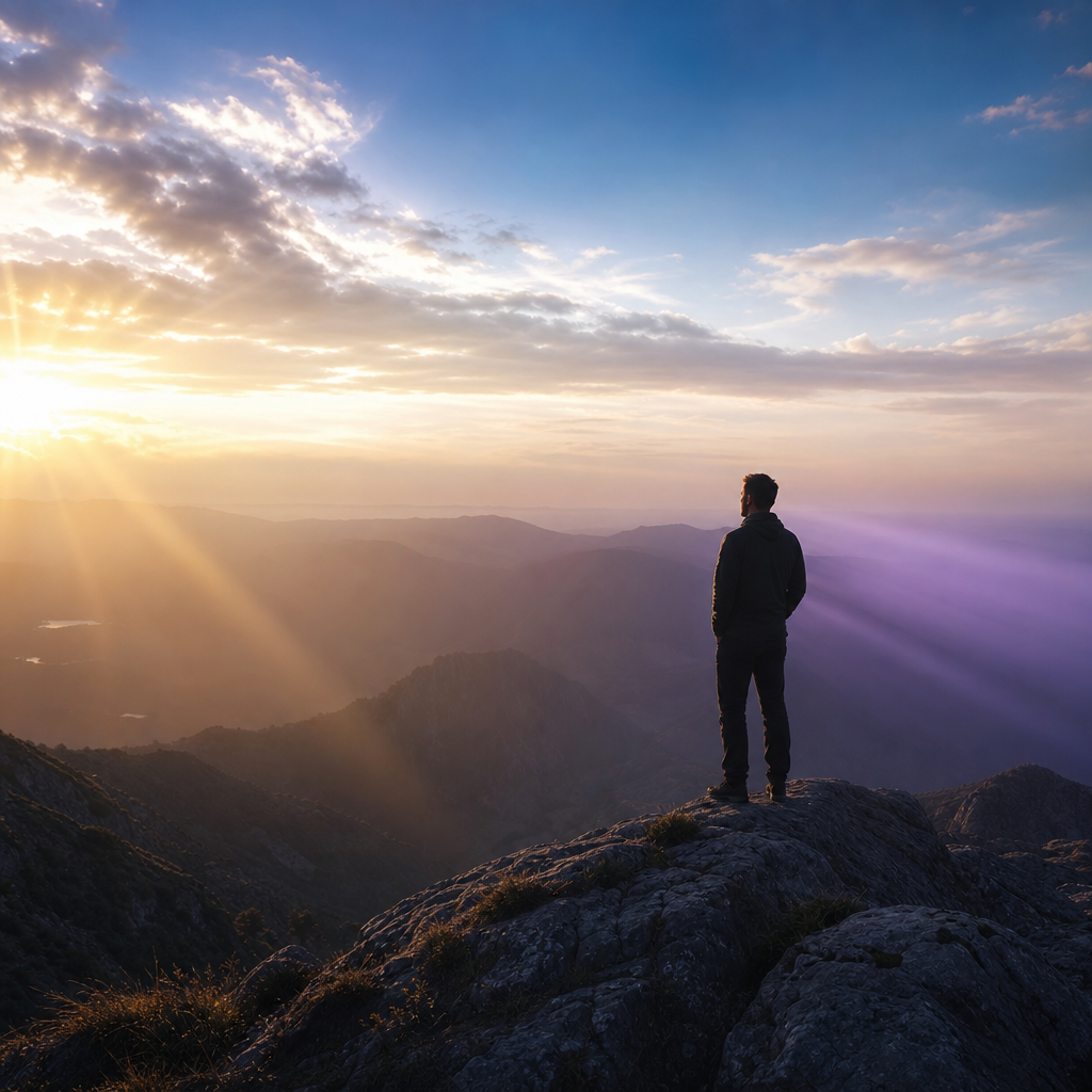 Uma pessoa em um ambiente sereno observa um feixe de luz dourada e uma sombra violeta, mostrados como fenômenos distintos, sem associação automática com alegria ou tristeza.