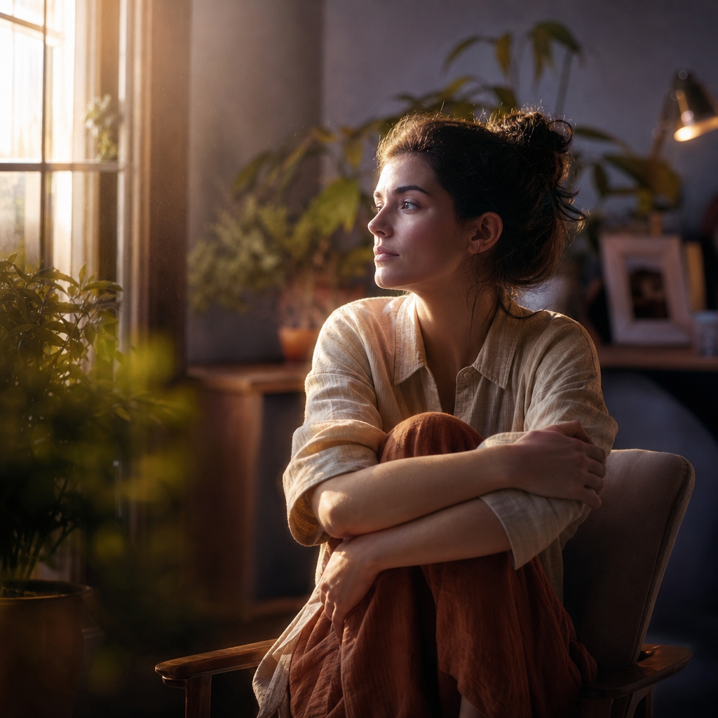 Uma pessoa em introspecção tranquila, aceitando com sinceridade seu estado emocional, em um ambiente sereno e iluminado.
