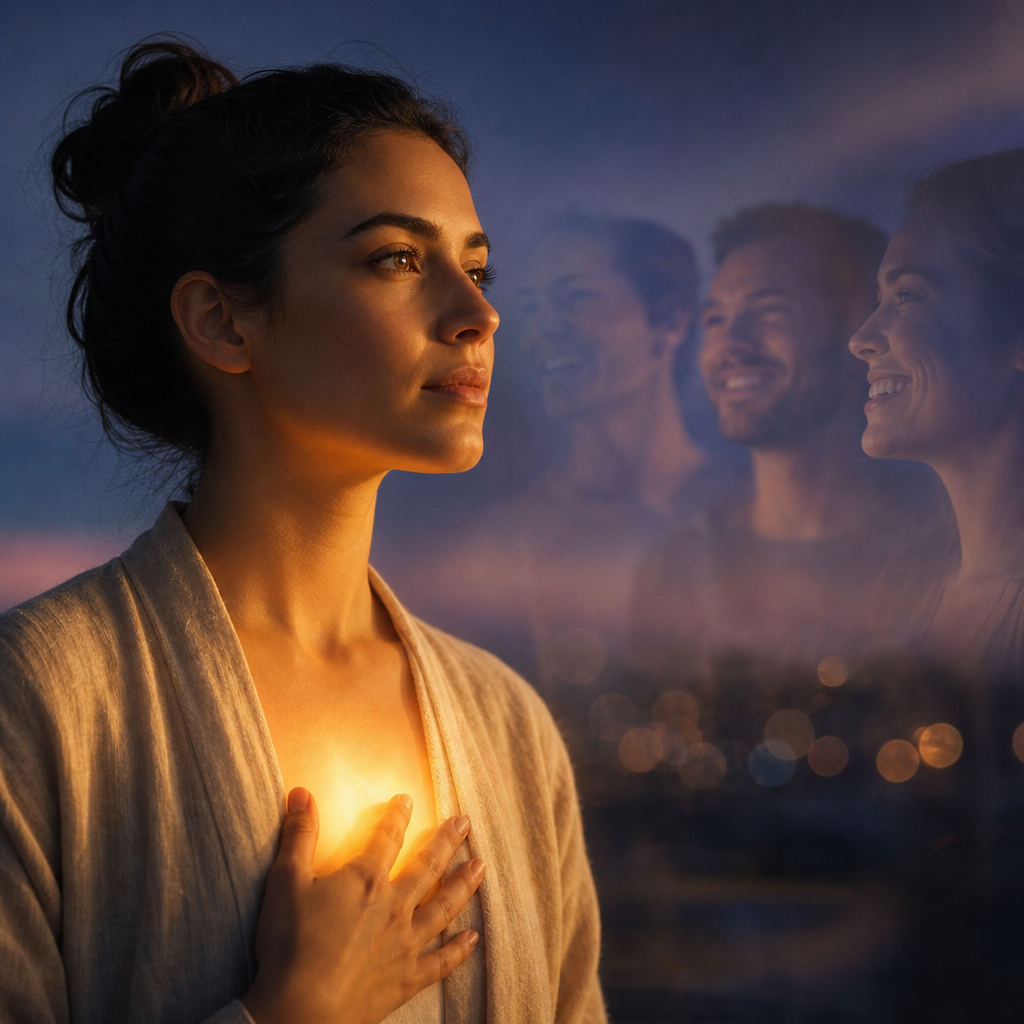 Uma pessoa em reflexão silenciosa, com uma iluminação que contrasta a felicidade aparente com a sensação de um brilho interior mais autêntico.