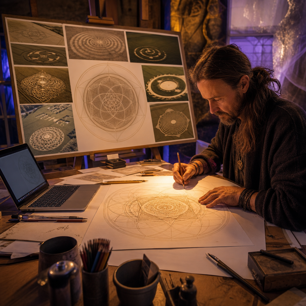 Janosh em um estúdio criando uma mandala de geometria sagrada inspirada diretamente em agroglifos da Inglaterra.