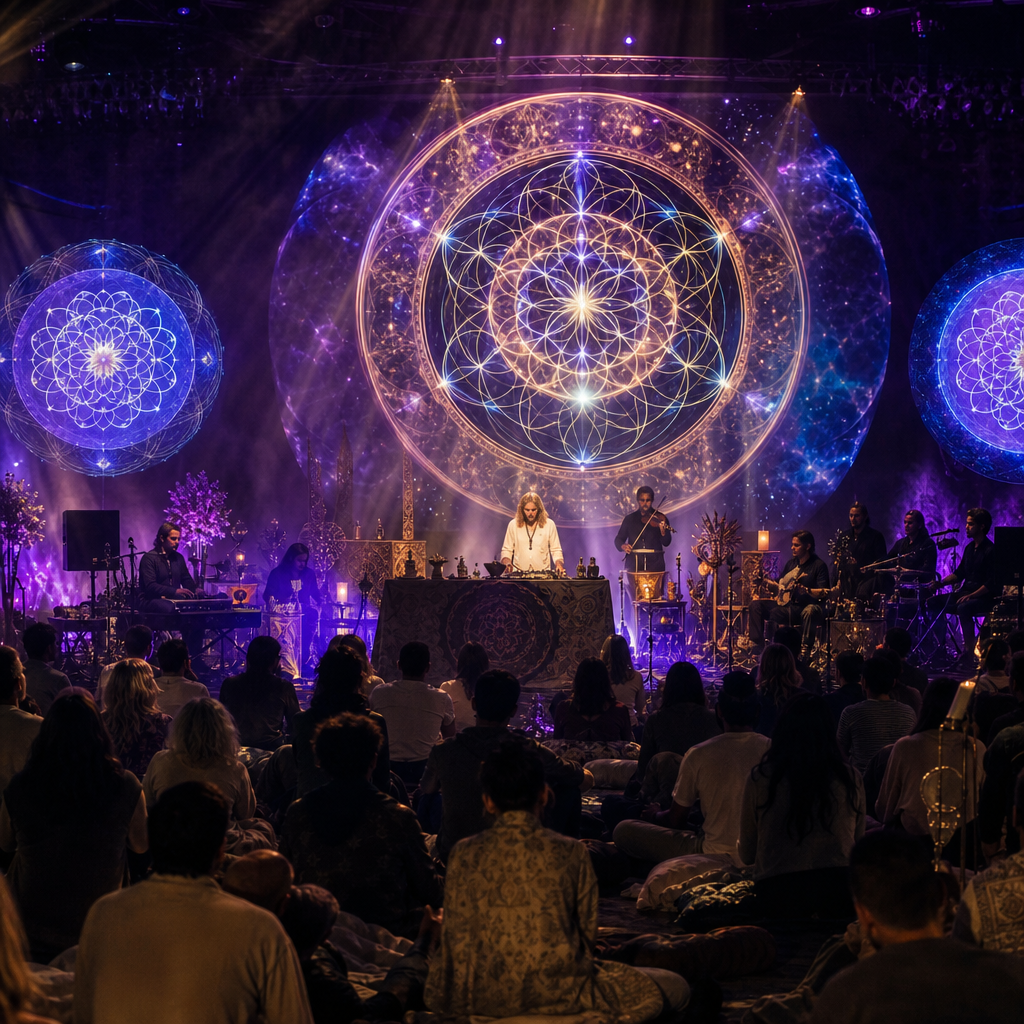 Uma apresentação multimídia ao vivo de Janosh com projeções de mandalas de geometria sagrada, luzes coloridas e público assistindo em um ambiente sereno e imersivo.