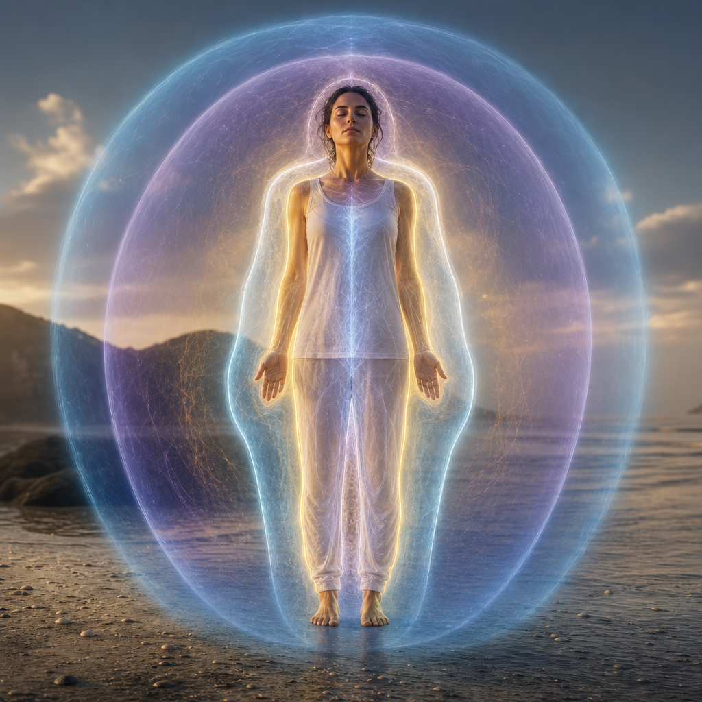 Pessoa em meditação com camadas luminosas ao redor do corpo, representando os corpos físico, energético, astral e mental em diferentes faixas vibratórias.