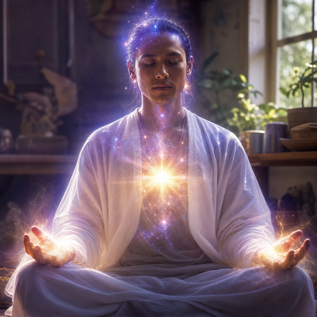 Uma pessoa serena com aura cósmica visível, brilho estelar interno e mãos irradiando energia suave, em um ambiente cotidiano tranquilo.