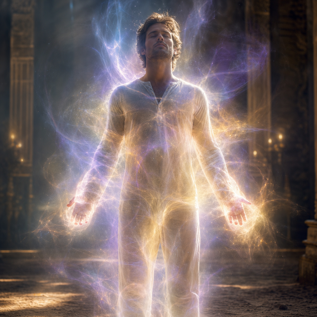 Pessoa envolta por uma energia sutil e luminosa que representa o ectoplasma como uma ponte entre o corpo físico e o plano espiritual.