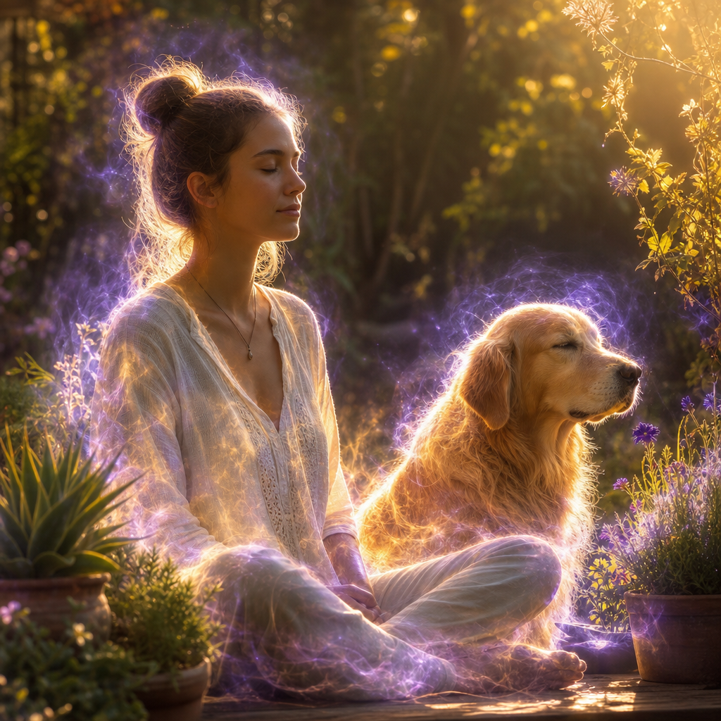 Um ser humano sereno, um cachorro tranquilo e plantas saudáveis cercados por uma aura luminosa sutil que representa ectoplasma em animais e plantas.