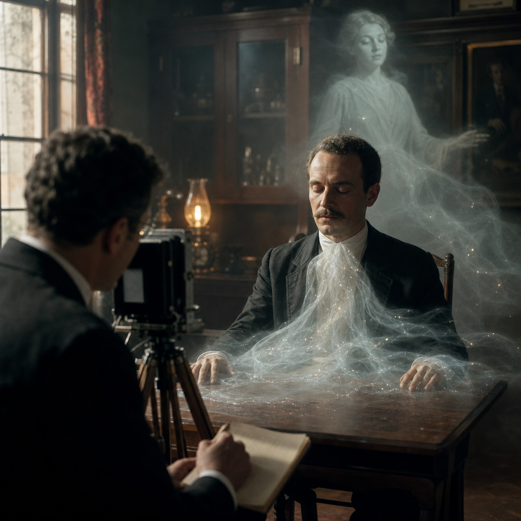 Uma sessão mediúnica histórica sendo fotografada, com um médium, um pesquisador e ectoplasma translúcido aparecendo de forma serena.
