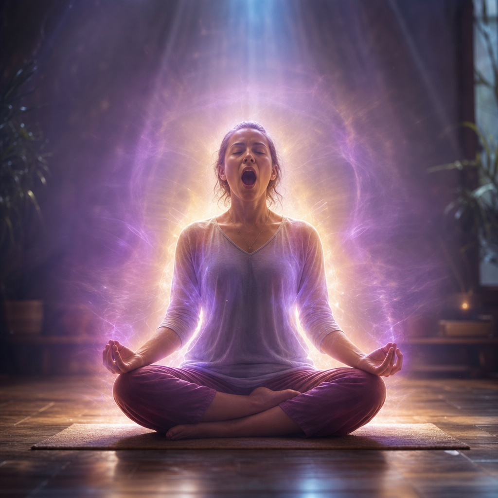 Pessoa meditando com aura luminosa expandindo ao redor do corpo, sugerindo sensação de expansão energética e bocejo como ajuste energético.