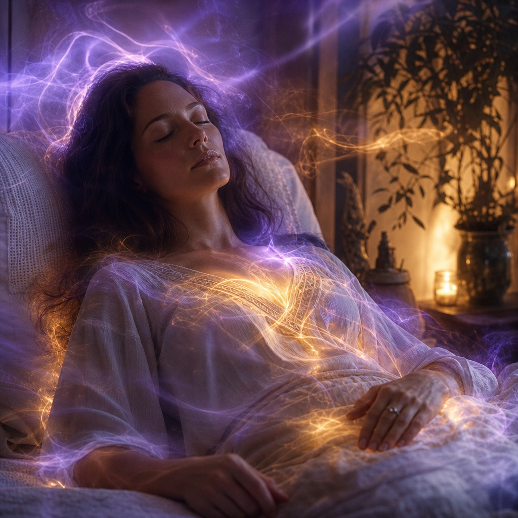 Pessoa em estado de repouso meditativo, com brilho energético suave em tons violetas e dourados, representando sonolência e torpor como fenômeno energético