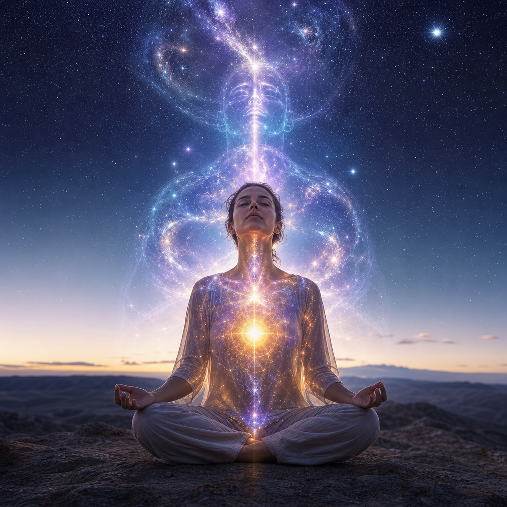Pessoa meditando com aura cósmica visível, núcleo estelar brilhando no peito e uma conexão luminosa com o céu estrelado, representando a origem extraterrestre da consciência.