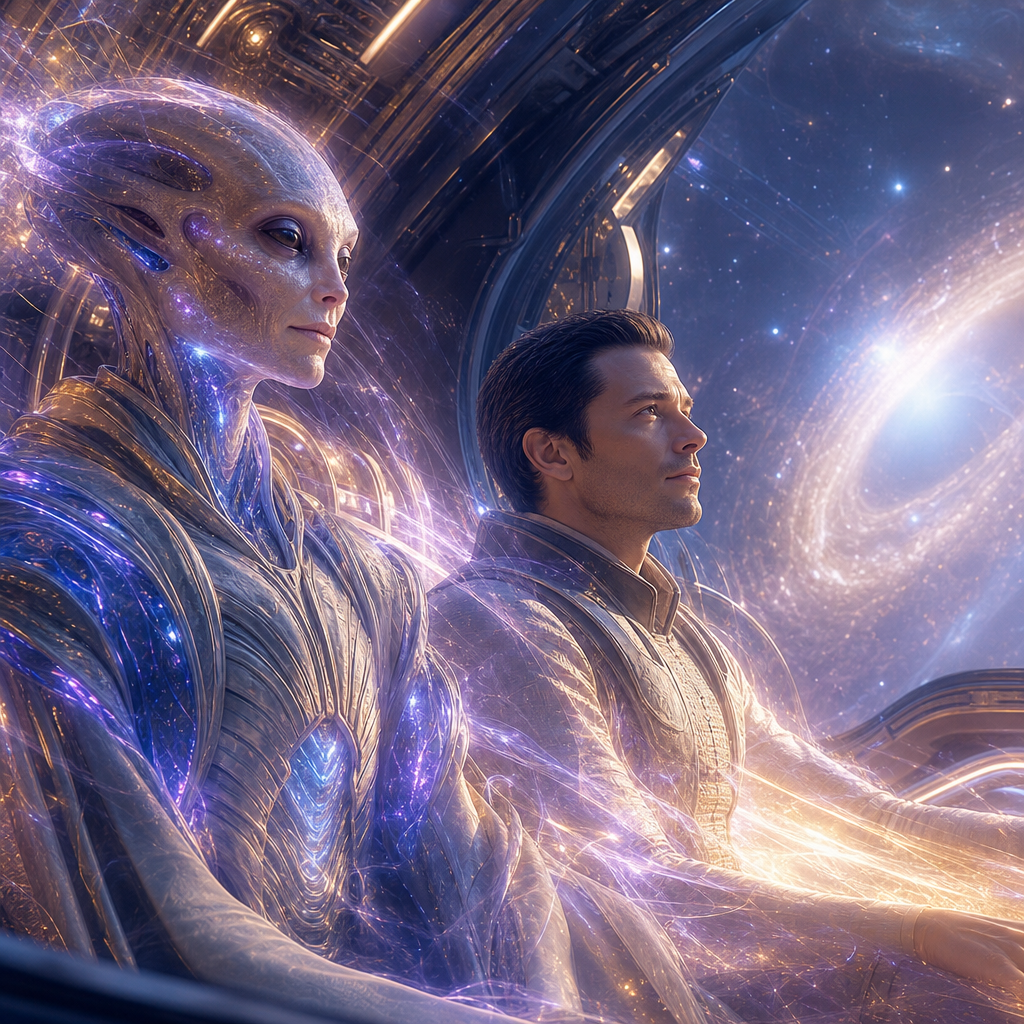 Seres em uma viagem extraplanetária luminosa, com tecnologia quântica e energia dimensional visível.