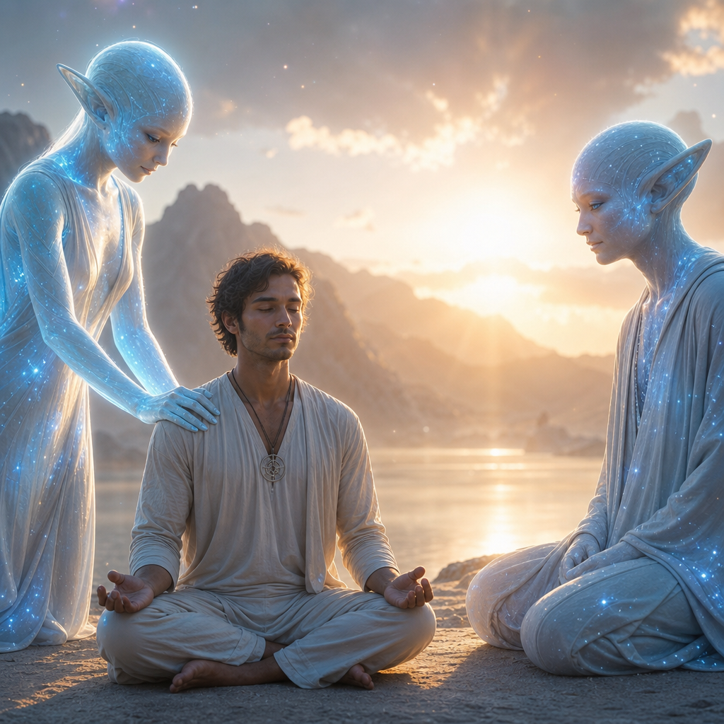 Seres extraterrestres benevolentes e serenos ao lado de um humano em meditação, com aura cósmica e luz suave simbolizando consciência de quinta dimensão.