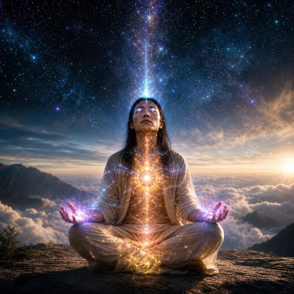 Uma pessoa em meditação com aura cósmica visível, núcleo estelar brilhando e conexão luminosa com o céu estrelado.