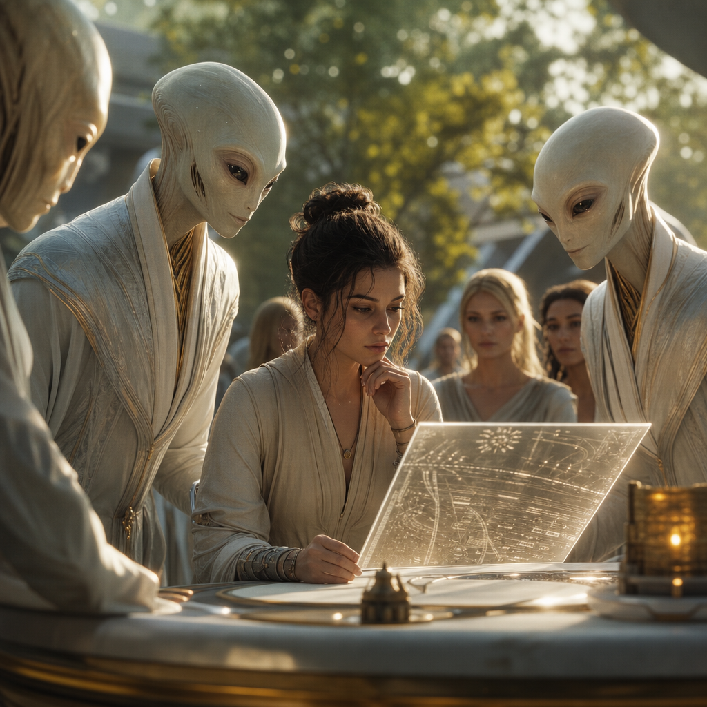 Uma pessoa observa com discernimento, cercada por seres extraterrestres benevolentes em uma cena luminosa que representa a necessidade de filtro e inteligência espiritual.